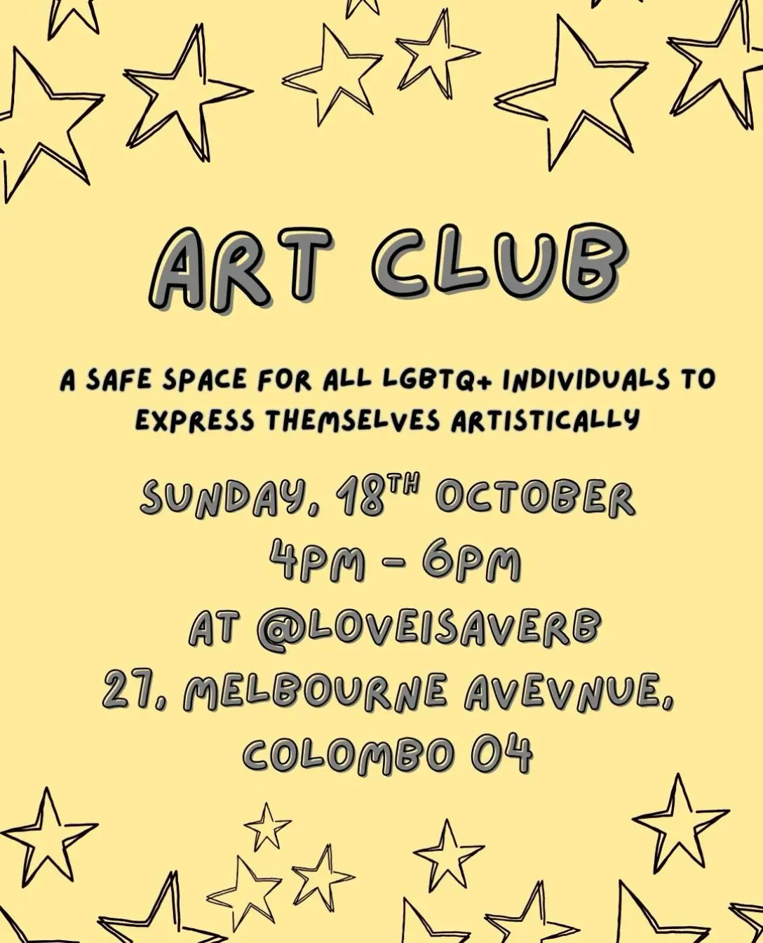 Art Club flyer — LGBTQ+ safe space at Love is a Verb